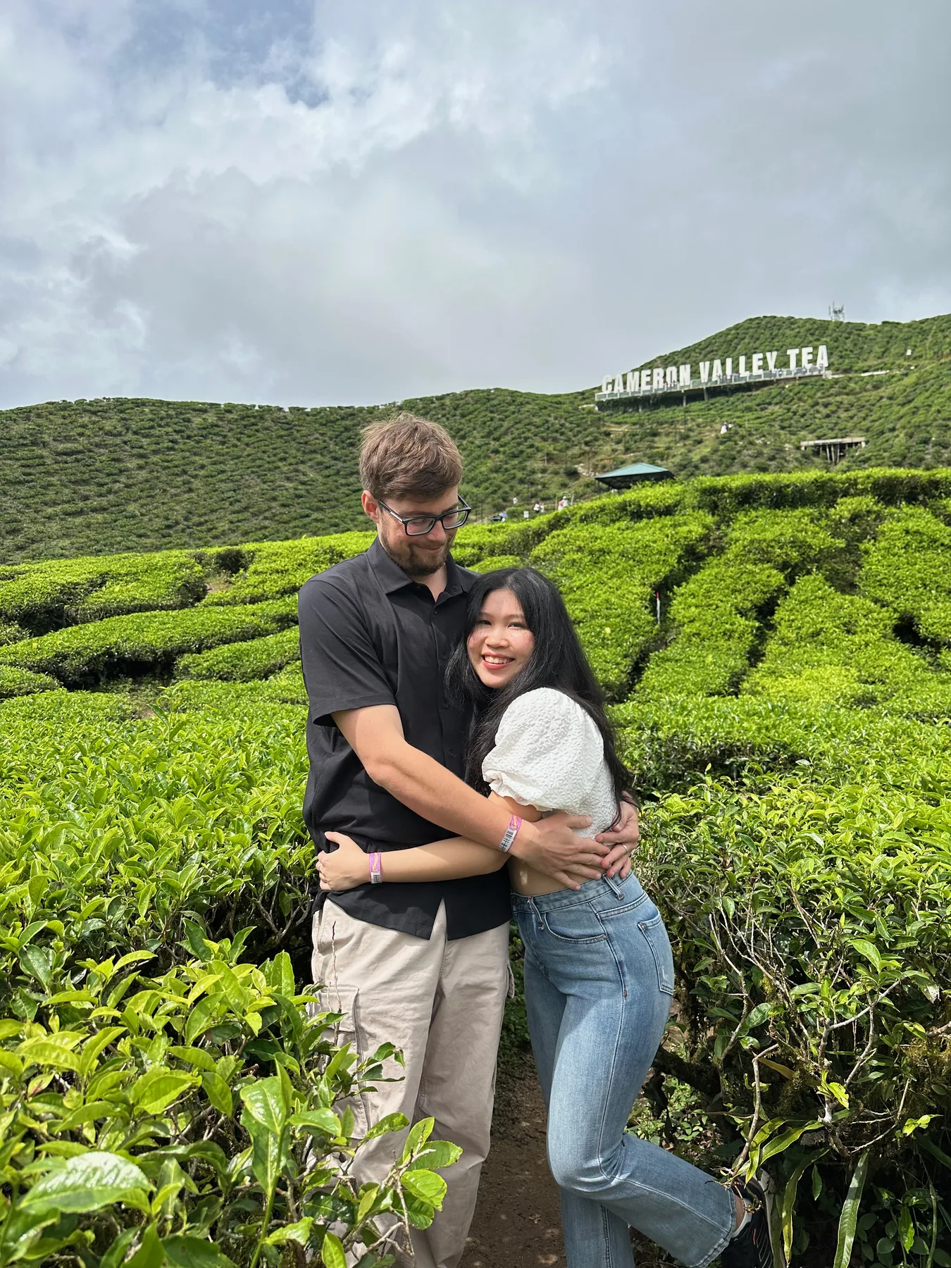 Lewis and Gail hugging among rows of green tea plants.